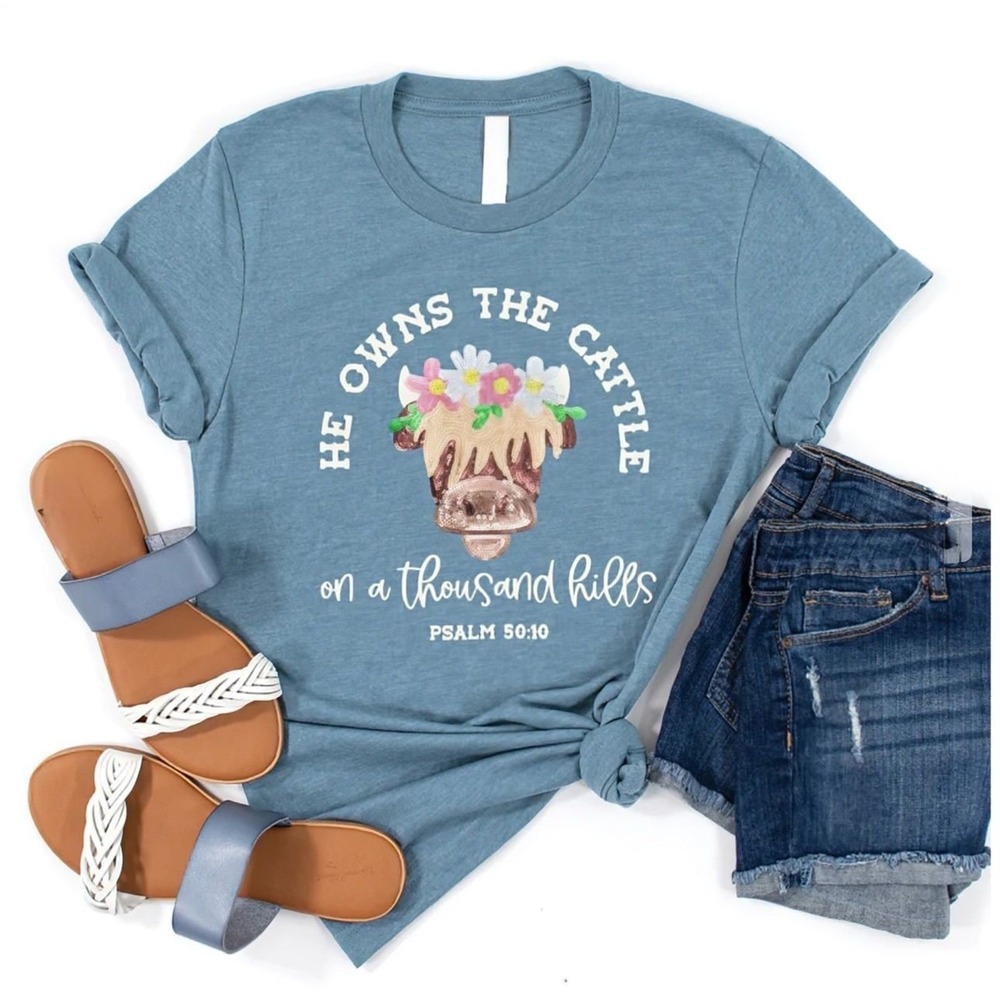 Love in Faith He Owns the Cattle Psalm 50:10 Sequin Cow Graphic Tee